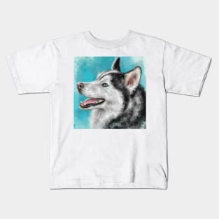 Adorable Siberian Husky Painting Smiling on Blue background Kids T-Shirt